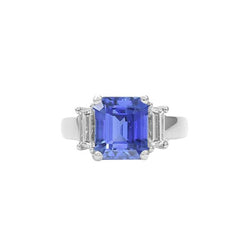 Bague 3 Pierres Saphir Bleu Clair Taille Emeraude 2 Carats Or Blanc