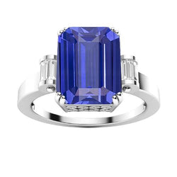Bague 3 Pierres Saphir Bleu Emeraude 3 Carats Barrette Diamants Baguette