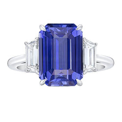 Bague 3 Pierres Saphir Bleu Emeraude & Diamants Trapèze 3.50 Carats