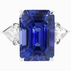 Bague 3 Pierres Saphir Bleu Émeraude & Trillion Diamants 4.50 Carats Neuf