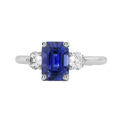 Bague 3 Pierres Saphir Bleu Naturel Émeraude & Diamants 3 Carats