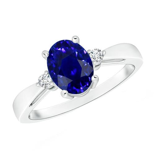 Bague 3 Pierres Saphir Bleu Ovale & Diamant 4.75 Carats Tige Conique - HarryChadEnt.FR