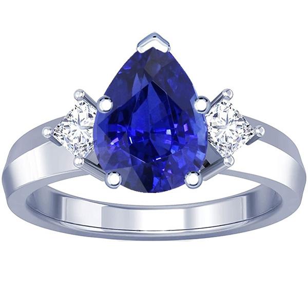 bague 3 pierres saphir bleu poire & diamants princesse or 3 carats 14k