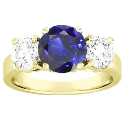 Bague 3 Pierres Saphir Bleu Rond & Diamant Bijoux 5 Carats