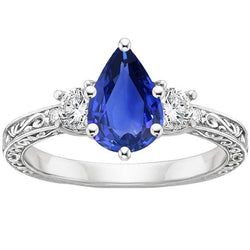 Bague 3 Pierres Style Antique Poire Bleu Saphir & Diamants 3.50 Carats
