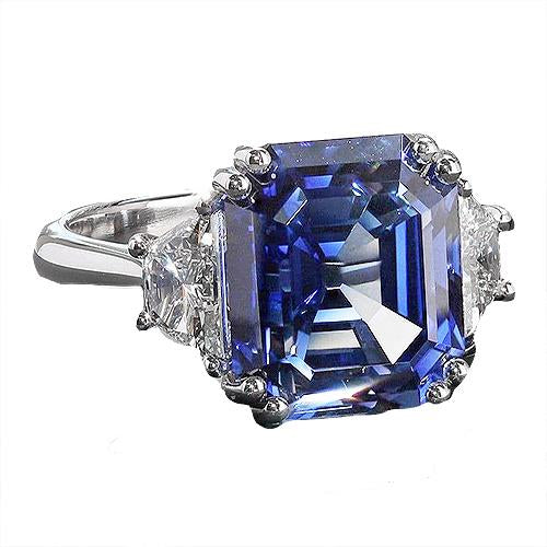 Bague 3 Pierres Trapèze Diamants Avec Saphir Bleu Asscher 5 Carats - HarryChadEnt.FR