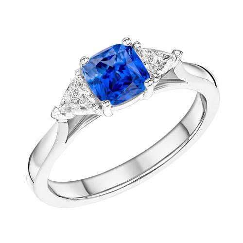 bague 3 pierres coussin saphir bleu clair 1.50 carats trillion de diamants