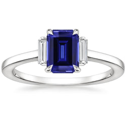 Bague 3 pierres diamant saphir bleu de Ceylan 2.50 carats sertie de griffes