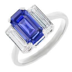 Bague 3 pierres diamant taille baguette saphir bleu émeraude 3.50 carats