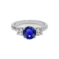 Bague 3 pierres en or blanc avec saphir bleu et diamant rond 5 carats 14K