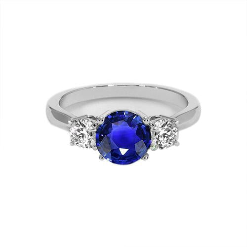 Bague 3 pierres en or blanc avec saphir bleu et diamant rond 5 carats 14K - HarryChadEnt.FR