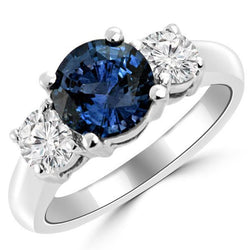 Bague 3 pierres en saphir bleu de Ceylan et diamants 4.50 carats en or blanc 14K