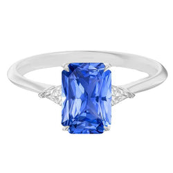 Bague 3 pierres saphir bleu petit trillion diamants bijoux 2.75 carats