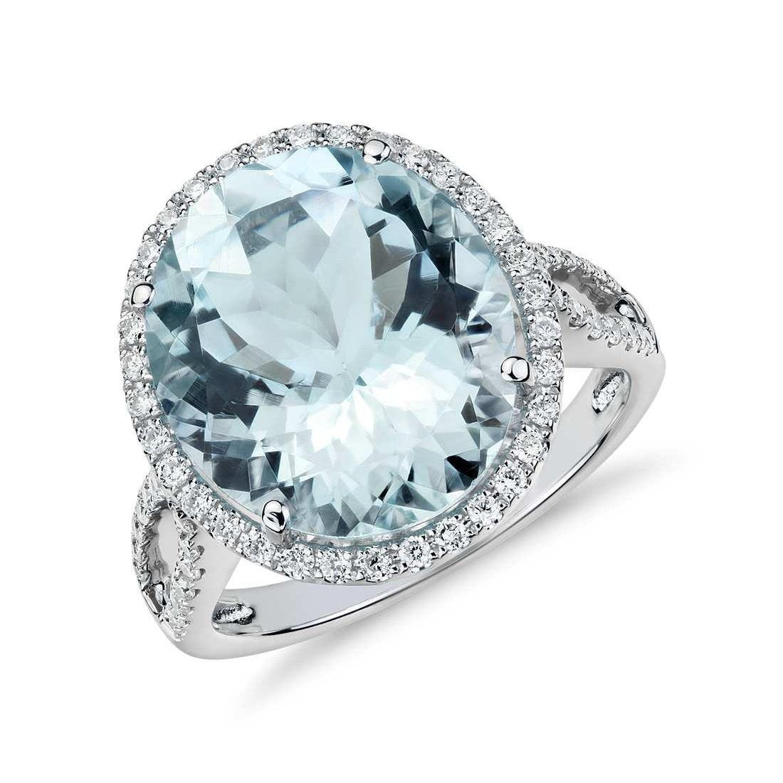 bague aigue-marine et diamants taille ronde 12 ct sertie de griffes or blanc