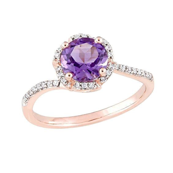 bague améthyste ronde avec diamant 6.75 carats bague or rose 14k pierre précieuse