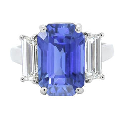 Bague Anniversaire 3 Pierres Or Blanc Taille Emeraude Saphir Bleu 4 Carats