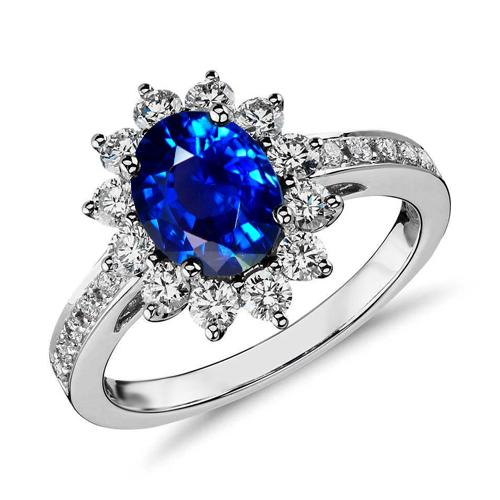 bague anniversaire 3.90 ct saphir bleu et diamants or blanc 14k