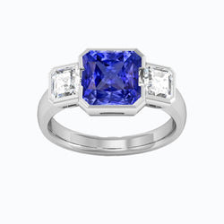 Bague Anniversaire Asscher Diamant Radiant Saphir 3 Carats 3 Pierre