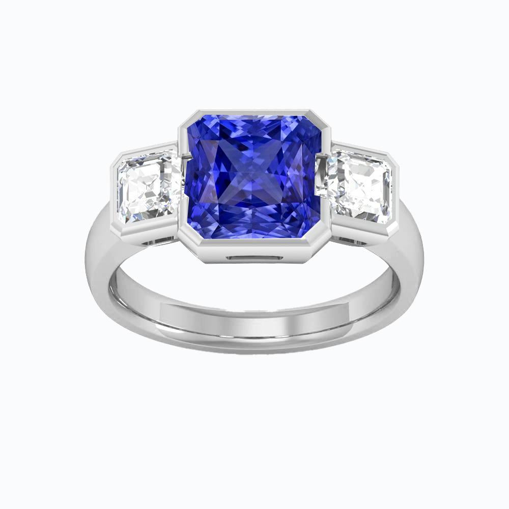 bague anniversaire asscher diamant radiant saphir 3 carats 3 pierre