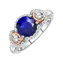 Bague Anniversaire Diamant Halo Rond Saphir Bleu Deux Tons 3.50 Carats