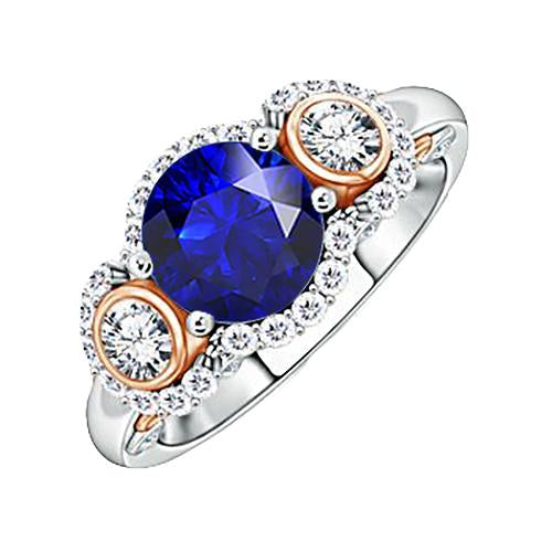 Bague Anniversaire Diamant Halo Rond Saphir Bleu Deux Tons 3.50 Carats - HarryChadEnt.FR
