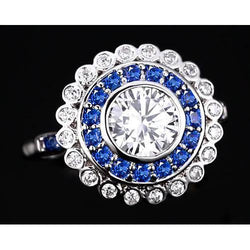 Bague Anniversaire Diamant Rond & Saphir Bleu Baguettes 4 Carats
