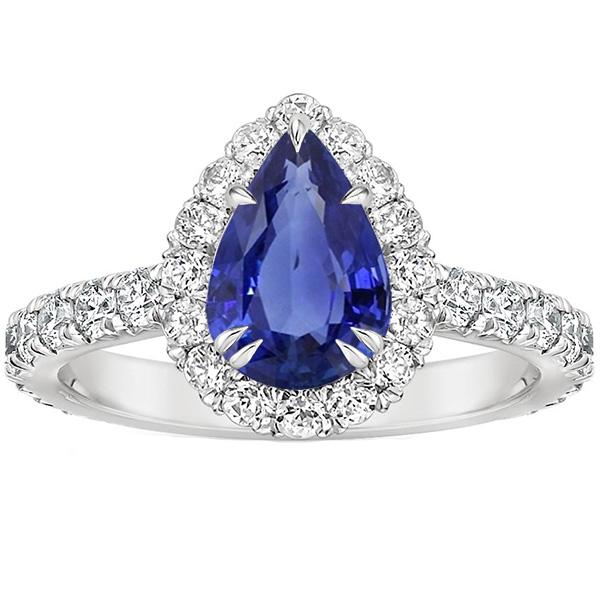 Bague Anniversaire Halo Saphir Bleu 4.50 Carats & Pavé Poire - HarryChadEnt.FR