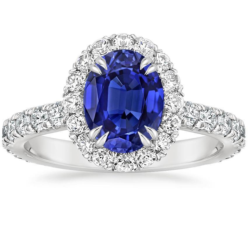 Bague Anniversaire Halo Saphir Bleu Ovale & Diamants 5.50 Carats - HarryChadEnt.FR