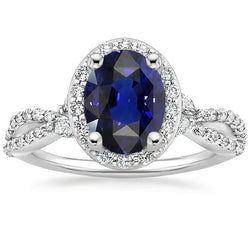 Bague Anniversaire Halo Saphir Bleu Style Twist Or 5 Carats