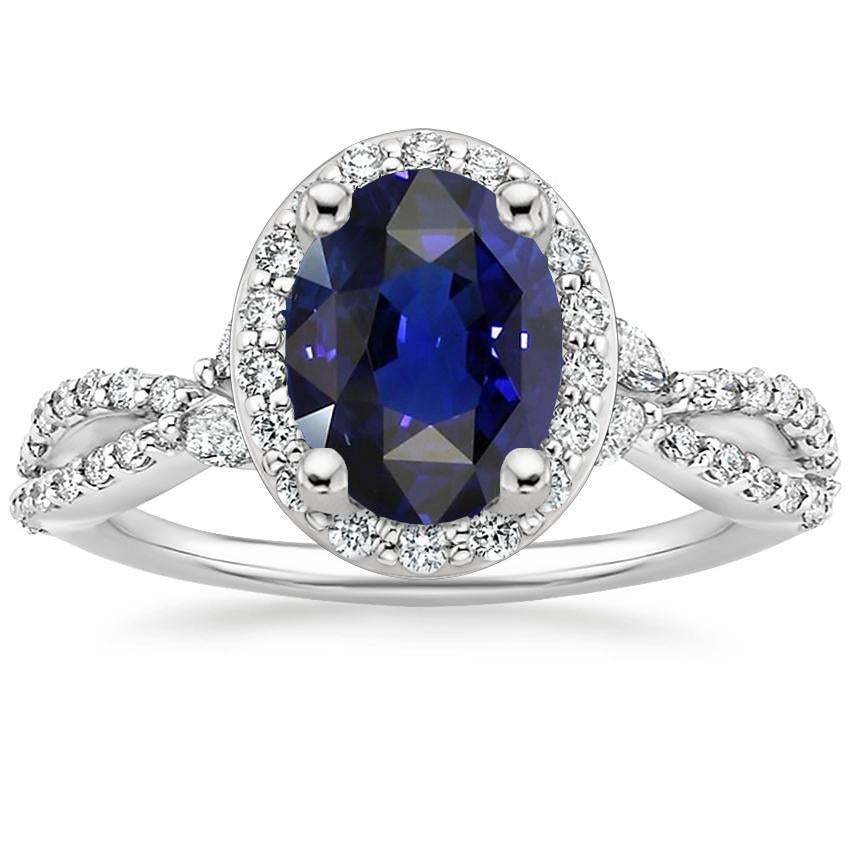 Bague Anniversaire Halo Saphir Bleu Style Twist Or 5 Carats - HarryChadEnt.FR