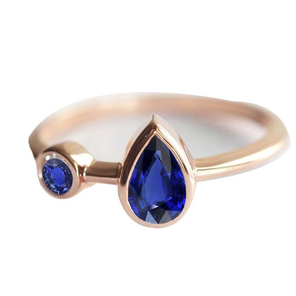 Bague Anniversaire Ronde & Poire Saphirs Bleus 2.25 Carats Or Rose 14K - HarryChadEnt.FR