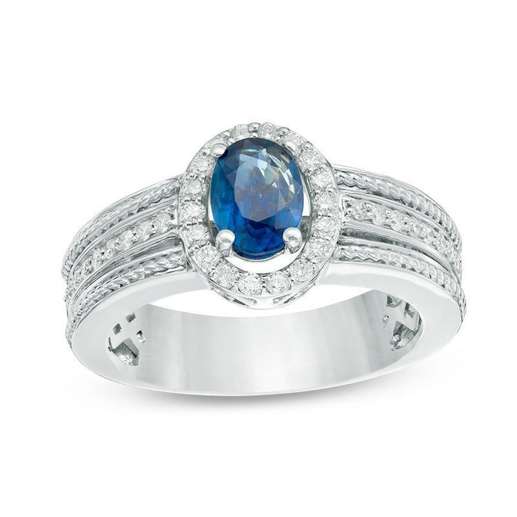 Bague Anniversaire Saphir Ovale Avec Diamants 3.20 Ct Or Blanc - HarryChadEnt.FR