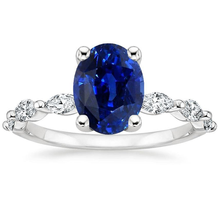 Bague Anniversaire Solitaire Saphir Bleu Ovale Avec Accents 3.50 Carats - HarryChadEnt.FR