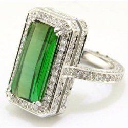 Bague Anniversaire Tourmaline Verte Et Diamants 15.75 Ct Or Blanc 14K - HarryChadEnt.FR