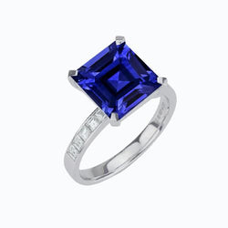 Bague Asscher Saphir & Diamant Baguette Bijoux en Or 2.50 Carats