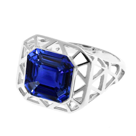 Bague Asscher Solitaire Homme 2.50 Carats Saphir Srilankais Sertie Lunette