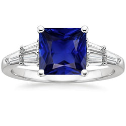 Bague Baguette Diamant & Princesse Ceylan Saphir Gemme 5.50 Carats
