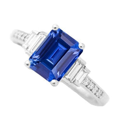 Bague Baguette & Diamant Rond Saphir Bleu Émeraude 3.50 Carats