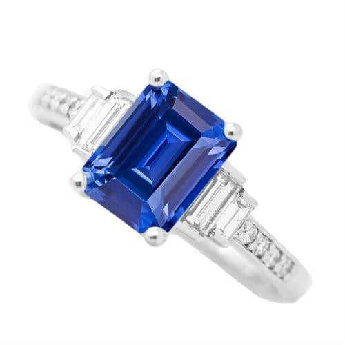 Bague Baguette & Diamant Rond Saphir Bleu Émeraude 3.50 Carats - HarryChadEnt.FR
