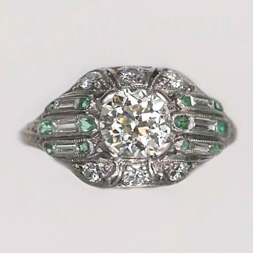 Bague Baguette Diamant Rond Taille Vieille Mine & Saphir Vert 3.25 Carats - HarryChadEnt.FR