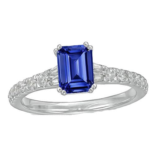 Bague Baguette Saphir Bleu Pierres Précieuses & Accents Ronds 3.50 Carats - HarryChadEnt.FR