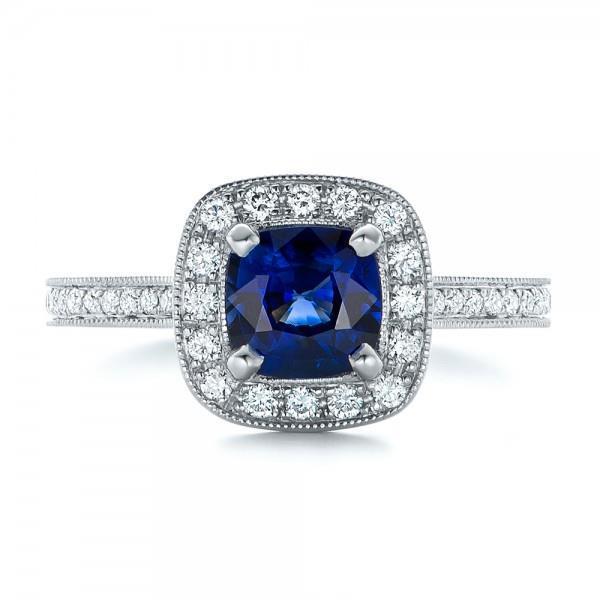 Bague Ceylan Saphir Bleu Halo Diamants Or Blanc 4 Ct 14K - HarryChadEnt.FR