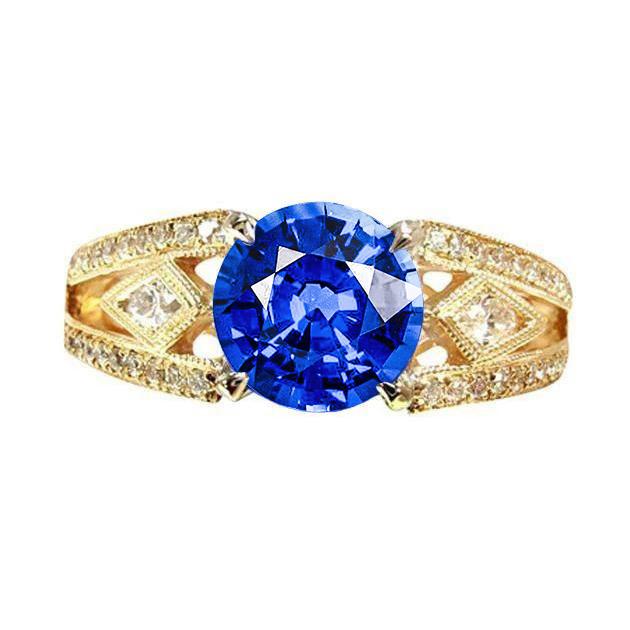 Bague Ceylan Saphir Diamants Ronds 3.76 Ct Style Antique - HarryChadEnt.FR