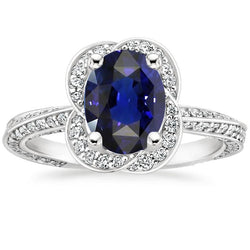 Bague Ceylan Saphir Halo Or Blanc & Diamants Ronds 6 Carats