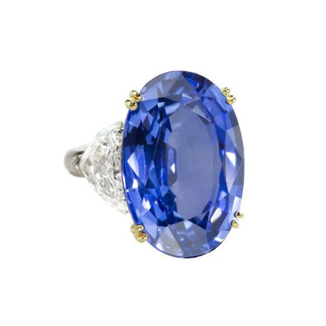 Bague Ceylan Saphir Ovale Et Trillion De Diamants 3 Pierres - HarryChadEnt.FR