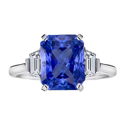 Bague Ceylan Saphir Pierres Précieuses Diamants Trapèze Or 4 Carats 3 Pierres