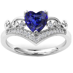 Bague Coeur Diamant 3 Carats Ceylan Saphir Couronne Style Or Blanc