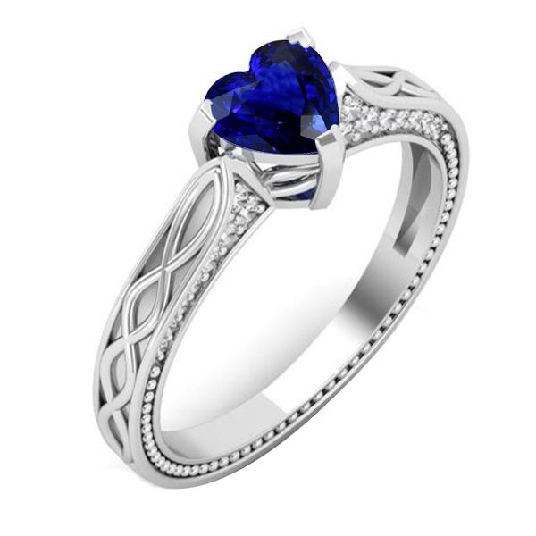 Bague Coeur Diamant Saphir Bleu Millgrain & Tige Filigrane 1.25 Carats - HarryChadEnt.FR