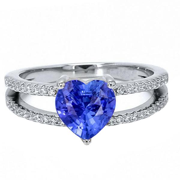Bague Coeur Saphir Bleu Clair Pierres Précieuses Double Tige Diamants 4 Carats - HarryChadEnt.FR
