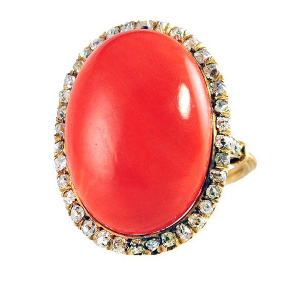 Bague Corail Rouge Taille Ovale Et Diamants Ronds 14 Ct Or Jaune 14K - HarryChadEnt.FR